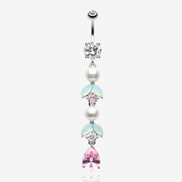 Pastel Lumi Pearlescent Dangle Leaf Drop Belly Button Ring-Clear Gem/Pink